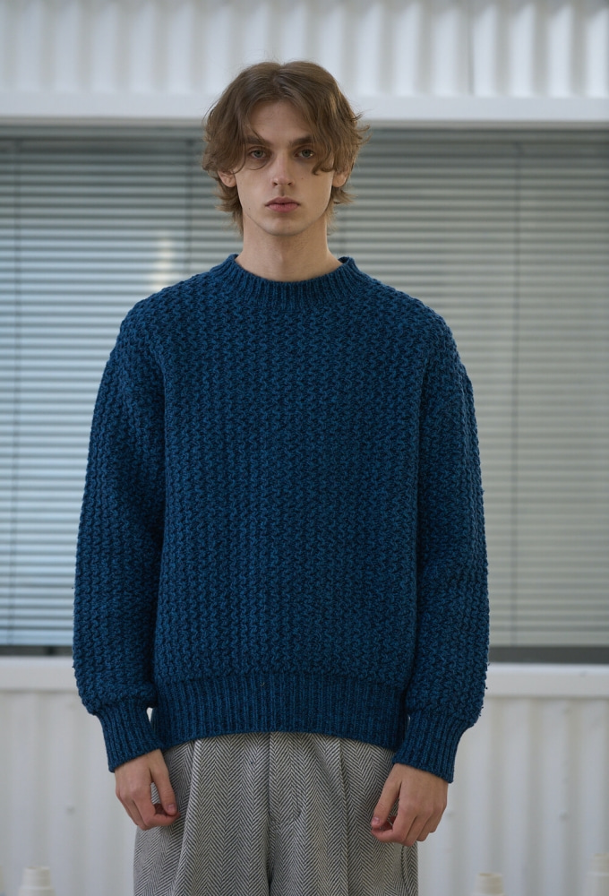 Wave Texture Lambswool Knit Sweater - Turquoise