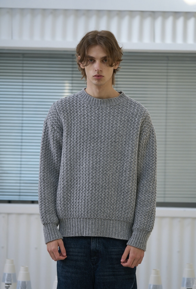 Wave Texture Lambswool Knit Sweater - Steel Grey