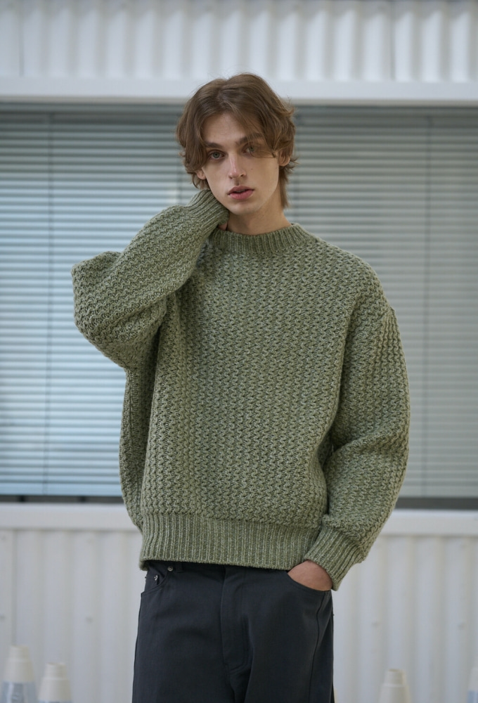Wave Texture Lambswool Knit Sweater - Pale Green