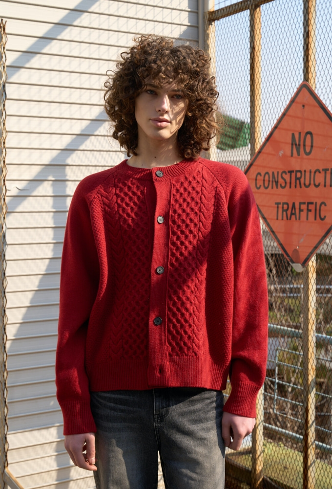 Double Texture Round-neck Cardigan Ver.2 (Bohemian Red)