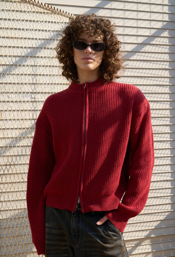 Timeless Full Zip Up Lambswool Sweater (Dry Red)